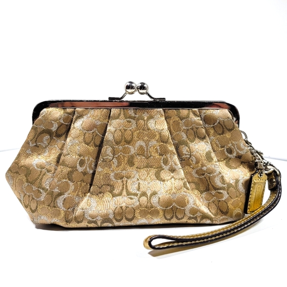Coach Handbags - Coach Gold & Silver Small Kiss-Lock Signature Clutch